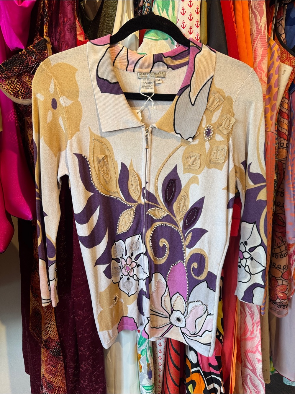 Alberto Makali Floral Zip-Front Long Sleeve Top in Purple, Cream & Pink
